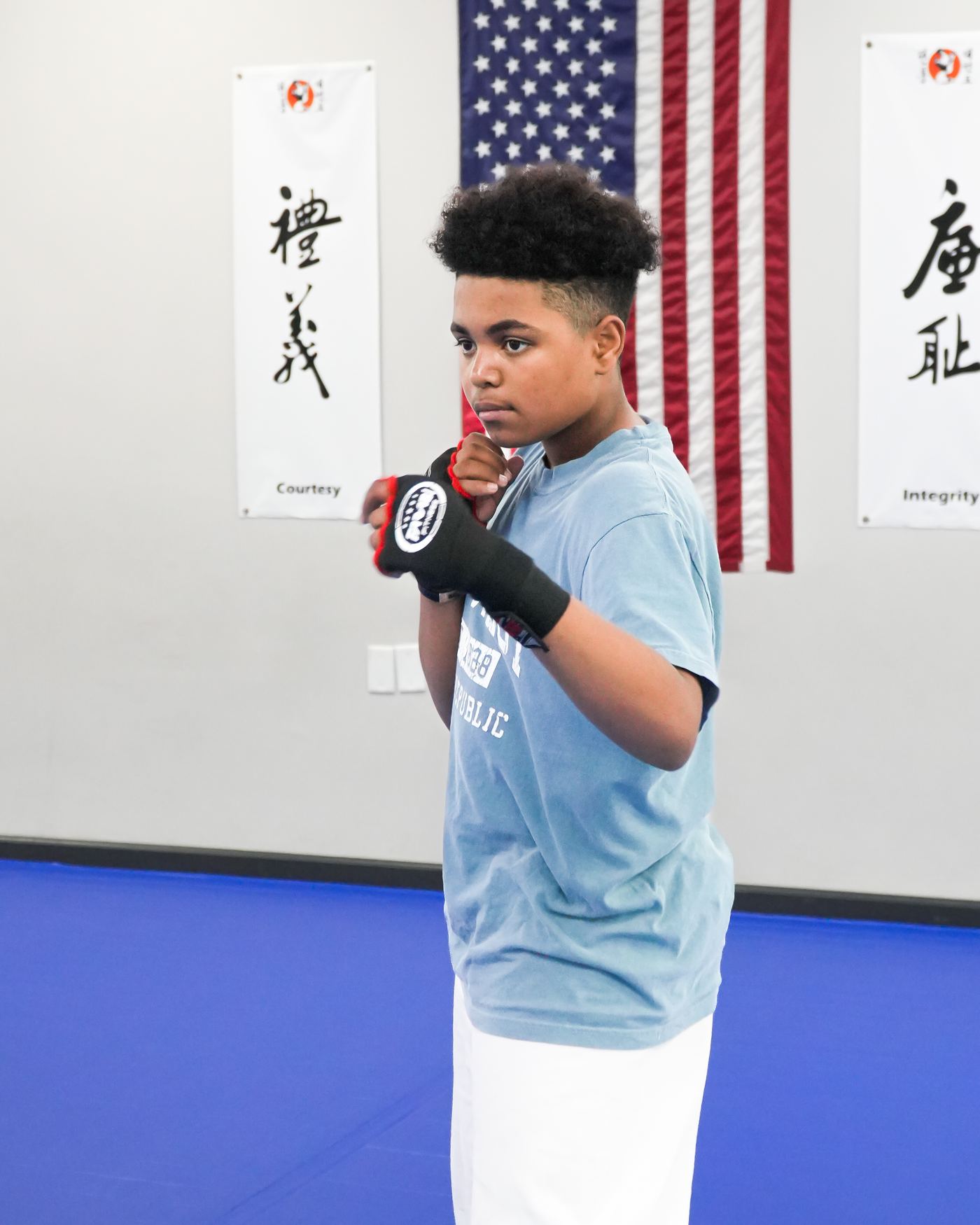 A teen student holding a boxing guard between the Courtesy and Integrity scrolls at Traditional TaeKwon-Do Center